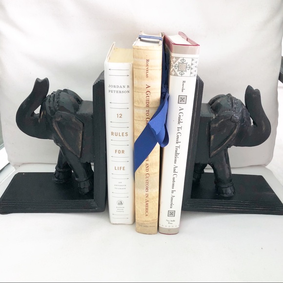 Vintage Other - Vintage Boho Wood Carved Black Elephant Bookends